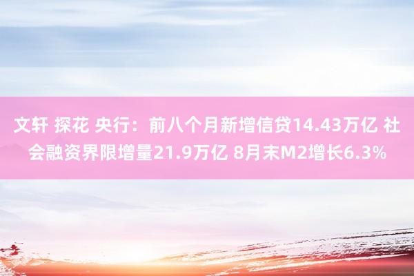 文轩 探花 央行：前八个月新增信贷14.43万亿 社会融资界限增量21.9万亿 8月末M2增长6.3%